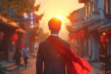 Back View of Man Walking in Traditional Chinese Street at Sunset with Red Scarf Flowing in the Wind
