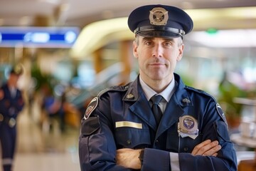 Security guard professional safety patrol man police employee mall safe business protect serve confident authority public space secure guarding agent staff shop convenience store grocery
