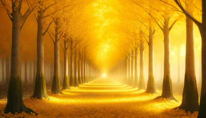 柔らかい日の光とイチョウ並木