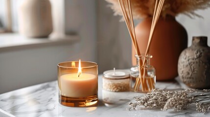 Home fragrance in glass container with bamboo reeds and candle on marble surface Warm and inviting ambiance