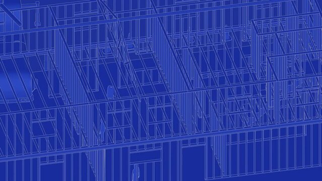 under construction house site, frame structure, with large machines, seamless looping 3D blueprint animation