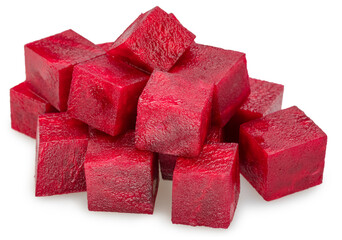 Raw red beetroot cubes isolated on white background. File contains clipping path.