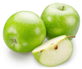 Green apple and green apple slices isolated on white background. File contains clipping path.