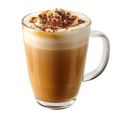 Extreme front view of creamy vanilla latte in a chic glass cup isolated on a white transparent background