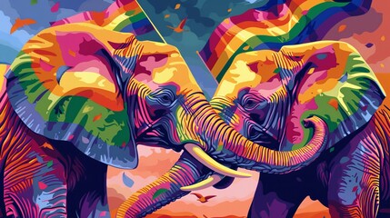 Obraz premium Colorful illustration of two elephants with rainbow ears intertwining trunks, symbolizing unity and pride.