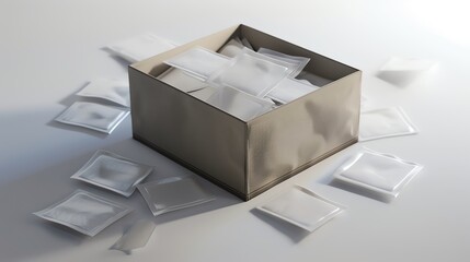 A 3D render of a box of alcohol prep pads with a few packets scattered around
