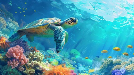 Fototapeta premium sea turtle swimming with vibrant coral reef colorful underwater seascape ai generated illustration