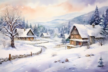 winter landscape with house and snow, generative ai