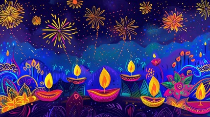 Hand-drawn panoramic view, vibrant illustration of Diwali lamps, golden fireworks bursting overhead, dark blue sky backdrop, capturing the festive essence and traditional charm beautifully