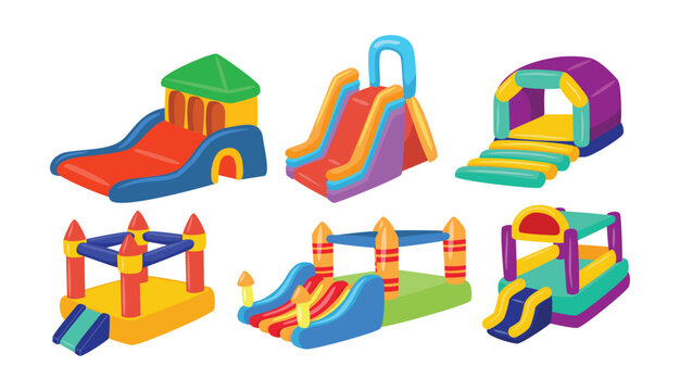 Set of colorful inflatable castle set collection, Cartoon drawings of inflated bouncy trampolines with slides, playground or park equipment for jumping, amusement center for kids entertainment.