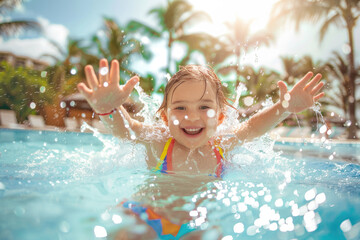A little girl splashes in the pool, wearing a colorful swimming suit and smiling at the camera. The...