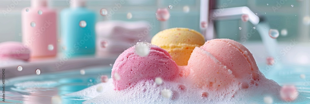 Poster three colorful bath bombs are fizzing in a tub of foamy water. generative ai