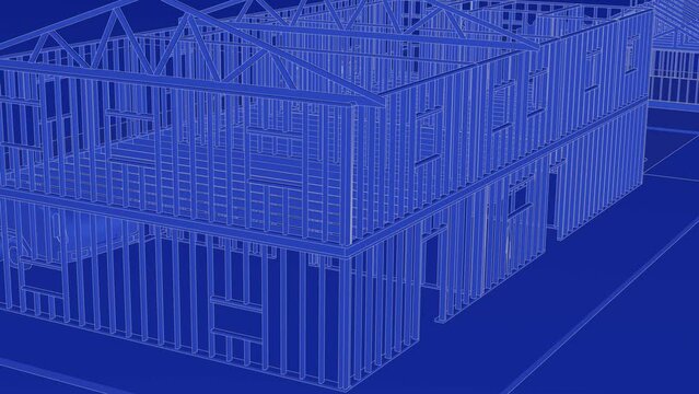 under construction house site, frame structure, with large machines, seamless looping 3D blueprint animation