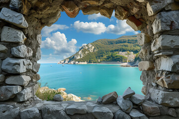 Arched stone window or opening in a stone wall overlooking scenic landscape of ligurian sea and...