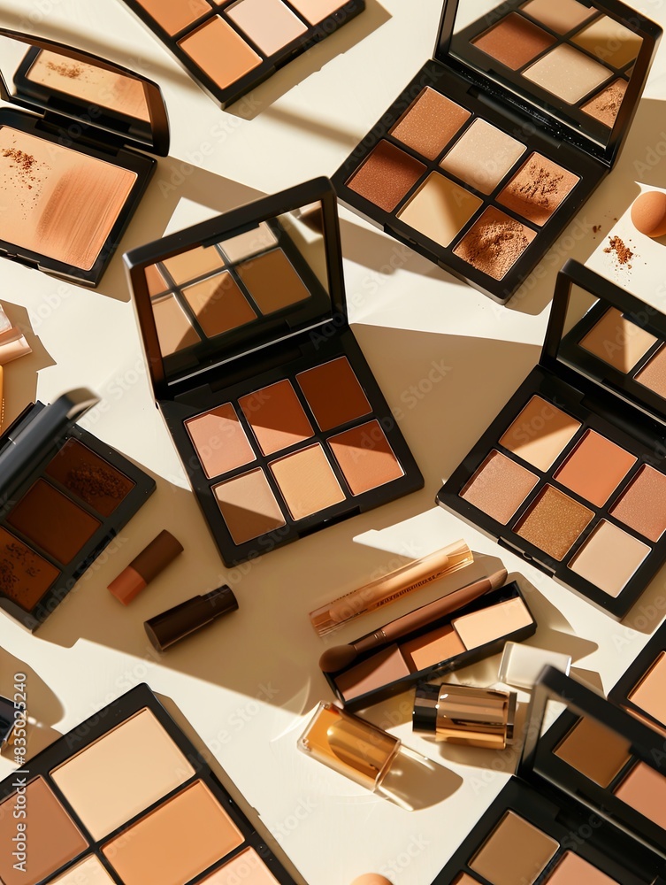 Poster a flat lay showcasing a variety of contouring palettes and highlighters arranged on a light backgrou