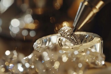 A man is polishing a ring with a brush. The ring is made of gold and has diamonds. The man is wearing gloves while working on the ring
