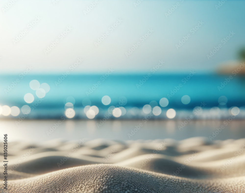Poster close-up of sandy beach texture with blurred ocean and sky, bright daylight, and relaxation concept.