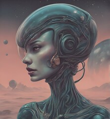 Stoic Alien Beauty: Blue-Skinned Woman with Planetary Backdrop
