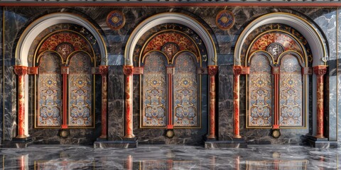 Obraz premium Windows pattern Arabic. An intricately designed Islamic wall with elegant arches, marble columns ornate gold accents. detailed craftsmanship and luxurious materials create a rich, majestic ambiance