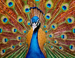 Fototapeta premium Stunning Close-Up of a Peacock with Vibrant, Colorful Feathers Displayed