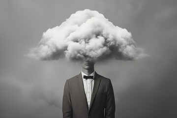 Surreal Portrait of Man with Cloud on Head in Black and White Suit in Desolate Landscape. Generative AI