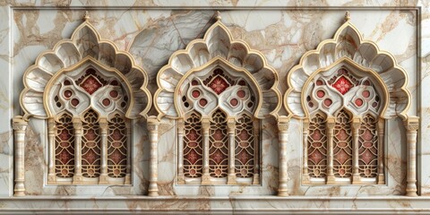 Fototapeta premium Windows pattern Arabic. An intricately designed Islamic wall with elegant arches, marble columns ornate gold accents. detailed craftsmanship and luxurious materials create a rich, majestic ambiance