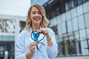 A smiling Caucasian nurse in a white lab coat stands outside a building, holding a stethoscope in a...