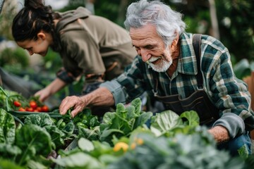 Fototapeta premium A man and a woman are working together in a garden. Scene is collaborative and peaceful