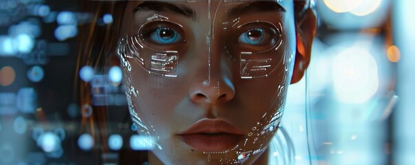 A woman with a face made of computer code. The image is a futuristic look. The woman's face is made up of a lot of lines and dots, giving it a very detailed and complex appearance - Powered by Adobe