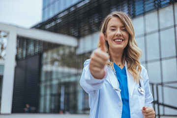 A smiling woman in a medical uniform shows approval with a thumbs-up gesture, embodying optimism in...