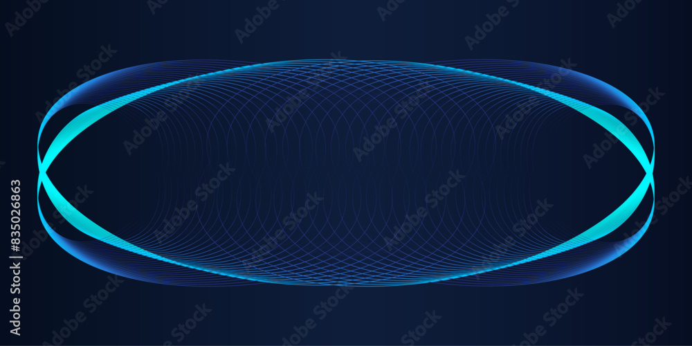 Poster Futuristic abstract background. Vector glowing curved light lines waves. Flowing dynamic round frame in blue green colors in future technological concept of AI technology, communication, 5G, science