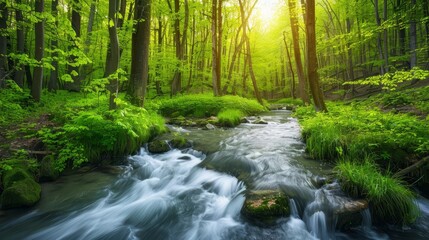 Obraz premium serene forest stream tranquil nature landscape with lush greenery and flowing water