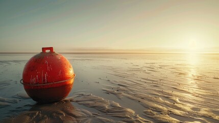 Buoy shining on a sandy shore in the morning sunlight
