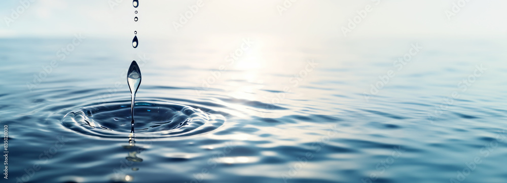 Poster a close-up view of water drops creating ripples on the surface, blue tones, light background, concep