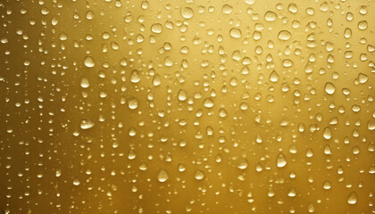 Wet window gold background, water drops on glass, rainy weather, copy space