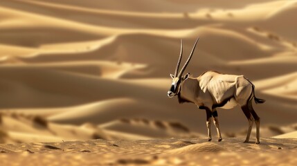 A lone oryx stands on a sandy dune in the Namib Desert