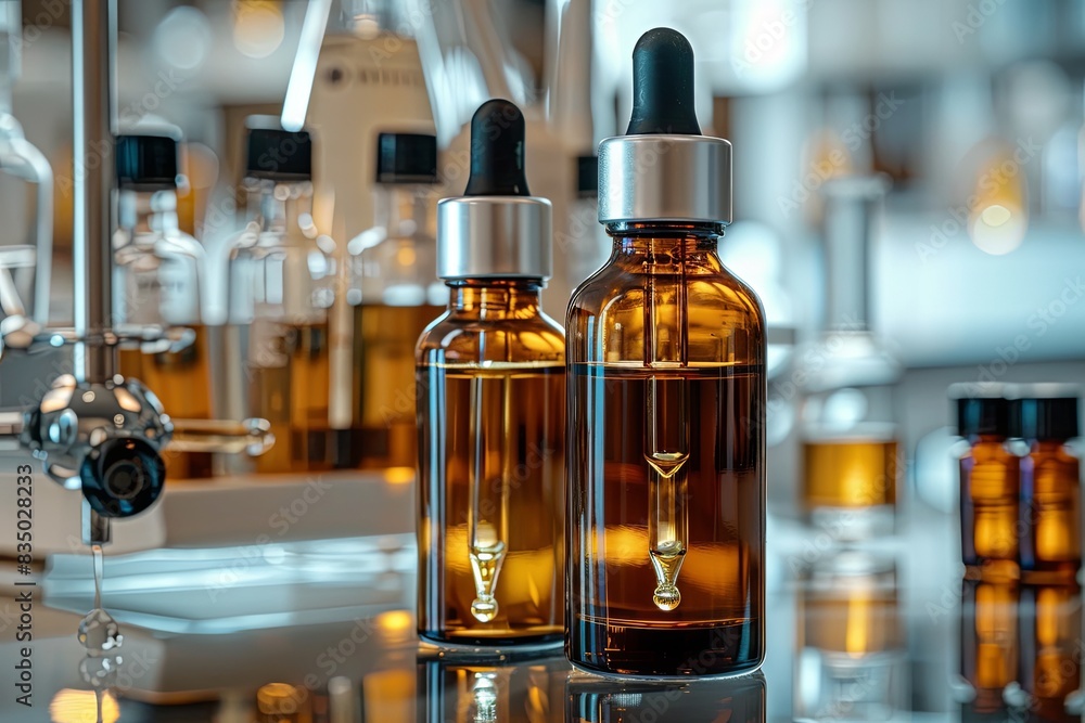 Poster a close-up of two glass bottles filled with serum, with droppers, on a shiny surface in a laboratory
