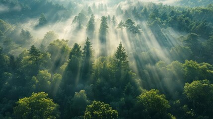 Obraz premium serene misty forest landscape with sunbeams filtering through trees tranquil nature scene drone photography