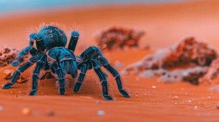 A blue tarantula walks across a desert landscape