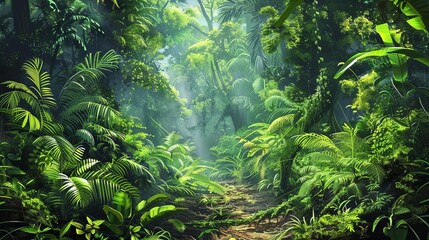 serene natural beauty of a lush rainforest with vibrant green foliage and tranquil atmosphere digital painting