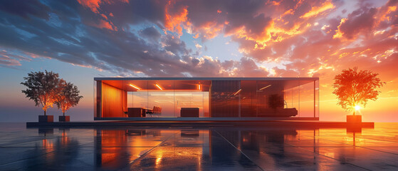 Elegant interior of a container office with sunset reflections