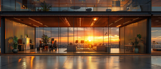 Elegant interior of a container office with sunset reflections