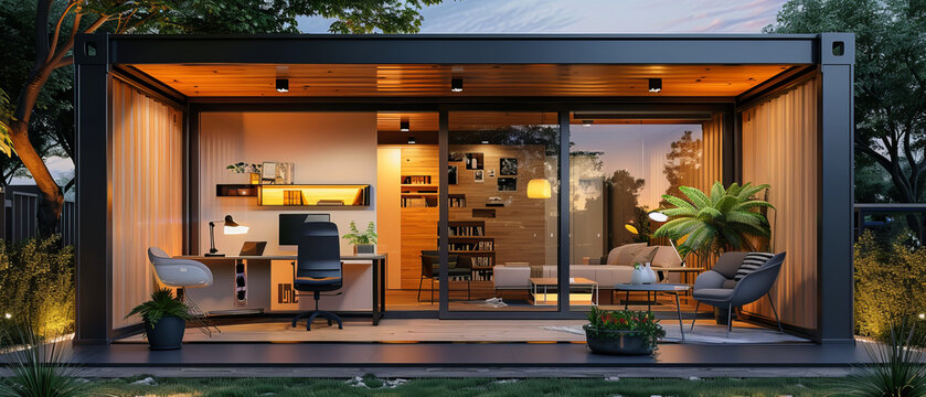Elegant workspace in a container office with sunset light and a fern plant