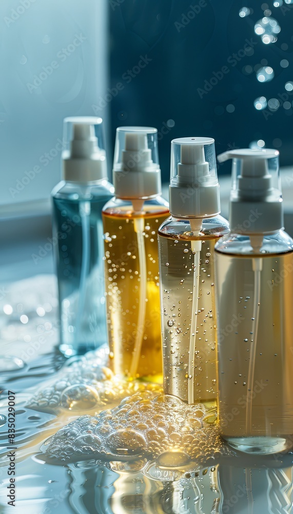 Poster close-up of four sleek shampoo and conditioner bottles in a bathroom, with a luxurious and clean aes
