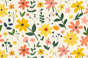 floral pattern with colorful flowers and leaves on a white background. Perfect for fabric, wallpaper, and stationary designs.
