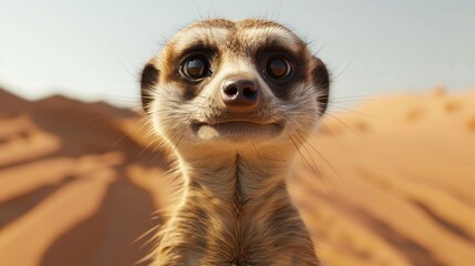 A meerkat stares intently at something in the distance, its face a mask of curiosity