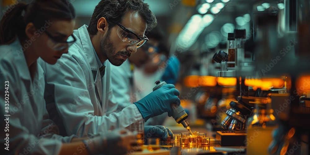 Poster scientists working with microscopes and pipettes in a laboratory with glowing equipment