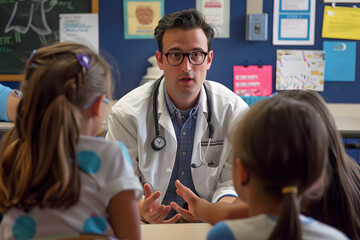 Pediatrician Educating Children About Eye Health and Safety in Classroom Setting During Children's Eye Health and Safety Month