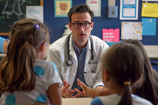 Pediatrician Educating Children About Eye Health and Safety in Classroom Setting During Children's Eye Health and Safety Month