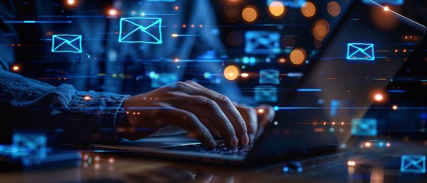 A virtual assistant managing emails and scheduling appointments on a laptop close up, organization theme, realistic, blend mode, home office backdrop